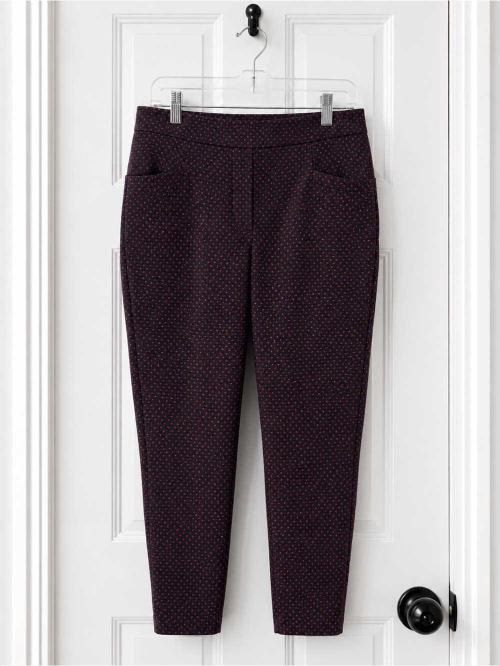Maurices Smart Ankle Pants Black Red Diamond Print Stretch Work Size L Regular